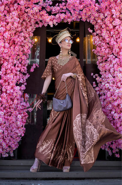 Brown Kazule Contemporary Satin Crepe Saree