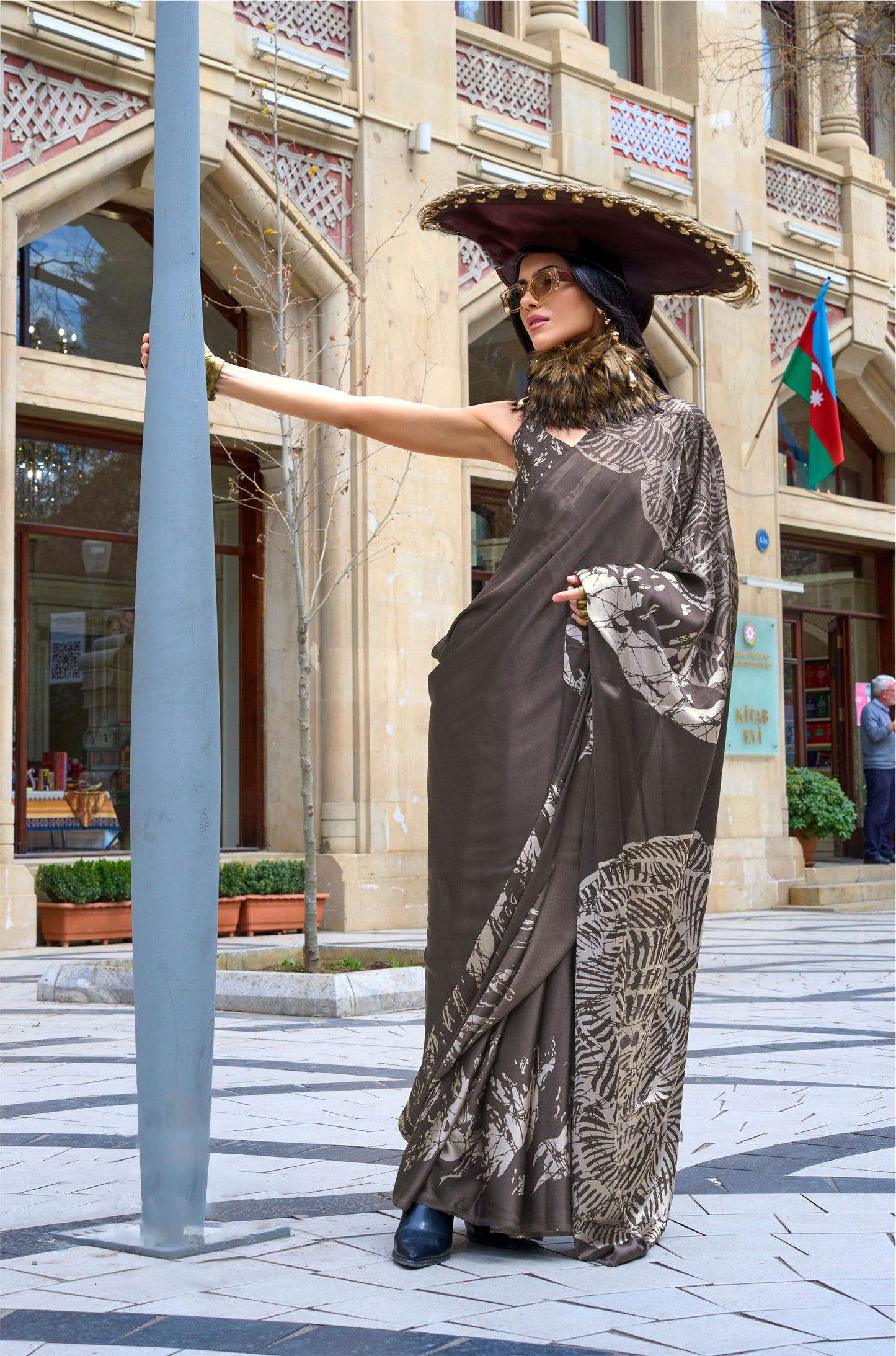 Dark Brown Kazule Contemporary Satin Crepe Saree