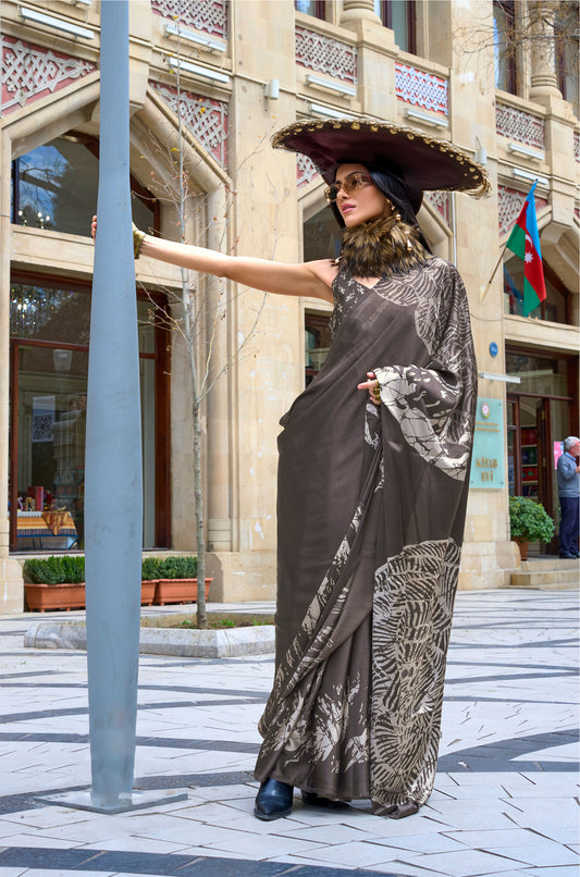 Dark Brown Kazule Contemporary Satin Crepe Saree