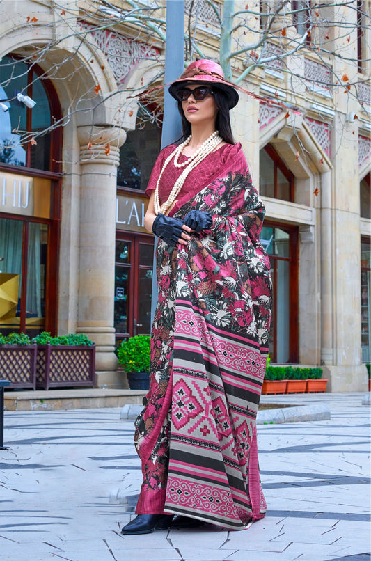 Maroon Floral Kazule Contemporary Satin Crepe Saree
