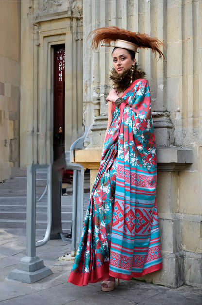 Blue Floral Kazule Contemporary Satin Crepe Saree