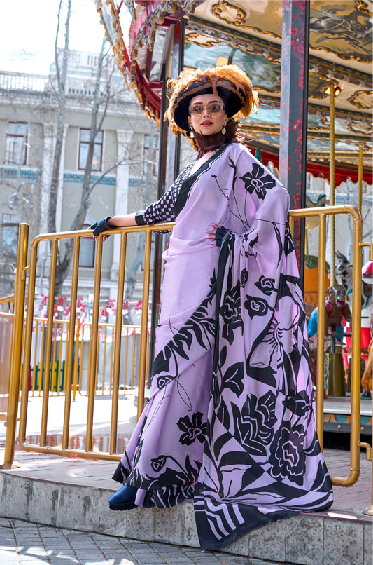 Light Lavender Kazule Contemporary Satin Crepe Saree