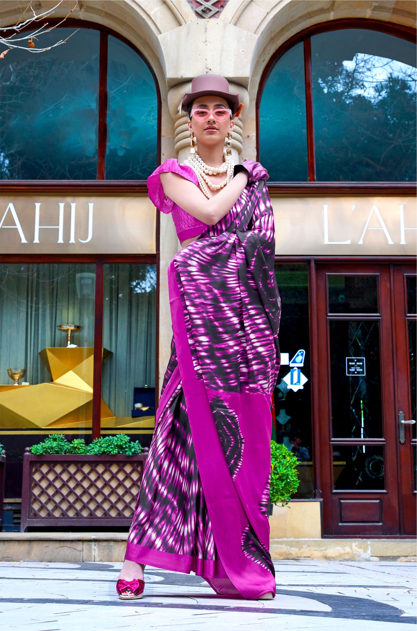 Pink Black Abstract Kazule Contemporary Satin Crepe Saree