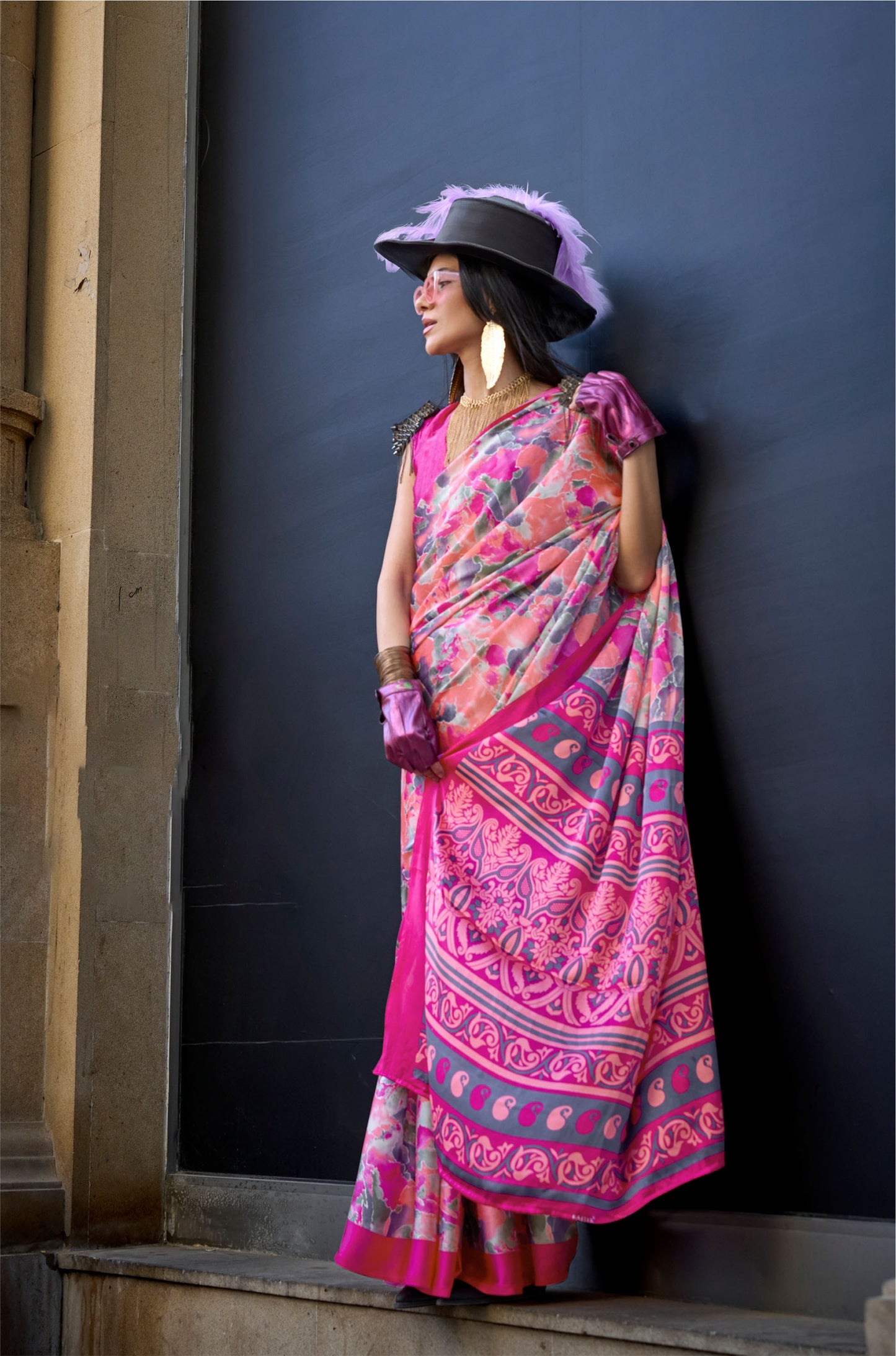 Pink FLoral Kazule Contemporary Satin Crepe Saree