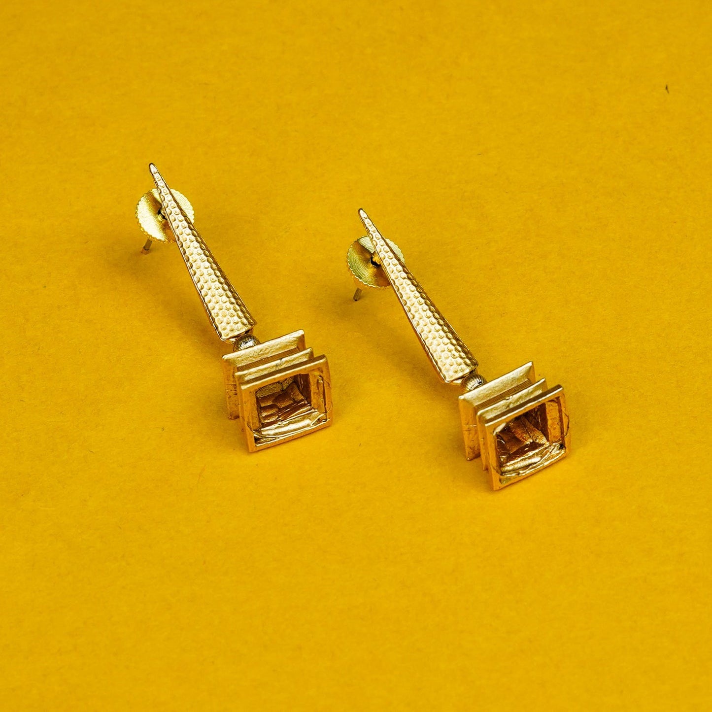 Zevar Club Gold-Toned Brass Statement Drop Earrings with Temple Tower Inspired Sculpted Design