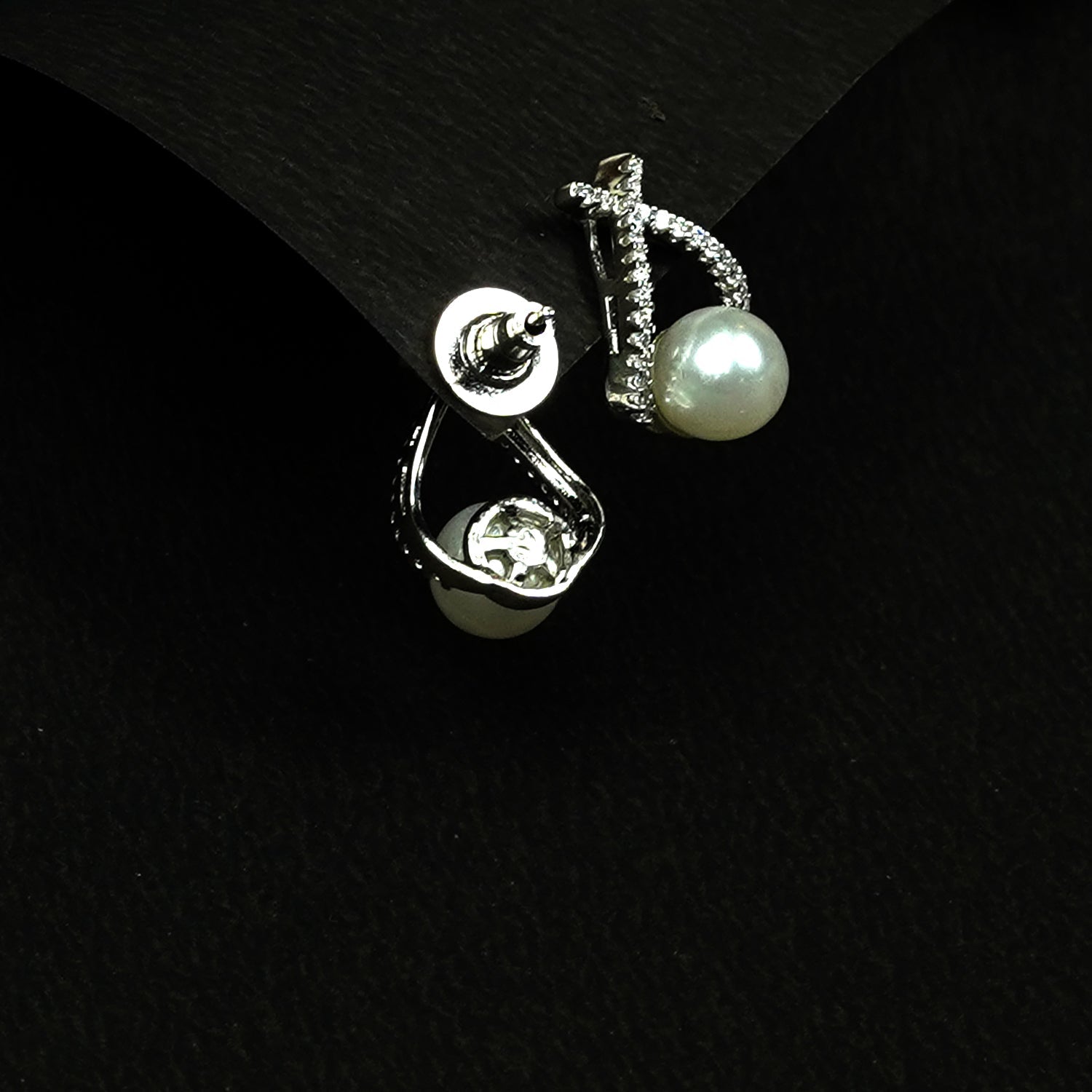 Zevar Club Rhodium-Plated Handcrafted Cubic Zirconia & White Pearl Loop Stud Earrings