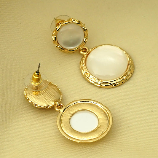 Zevar Club Gold Tone Glossy White Pearl-Textured Double Circle Drop Earrings for Women
