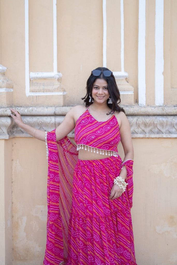 Inayat Pink Chiffon Bandhani Cape Lehenga Set