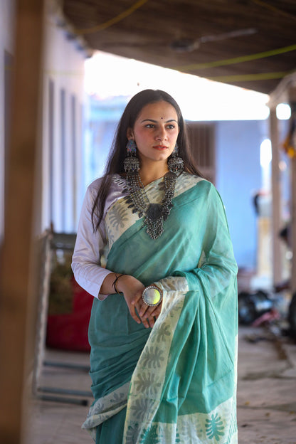 Pure Khadi Cotton Handwoven Sea Green Saree