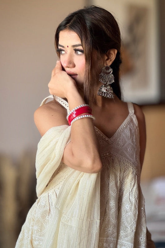 Mastani White Cotton Mirror Work Chikankari Sharara Set