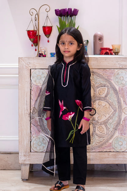 Black Embroided kids Kurta Payjama Set