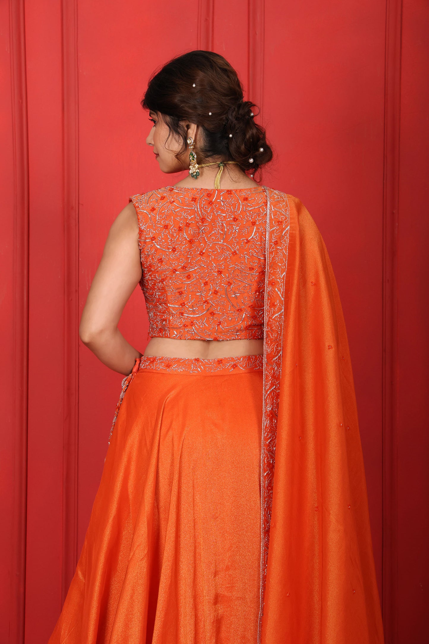 Shocking Orange Hand Embroidered V-Neck Lehenga Set