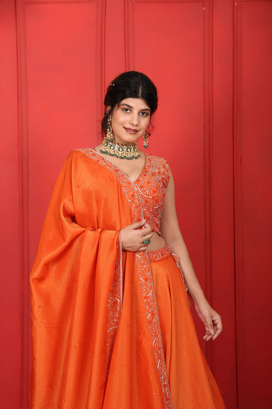 Shocking Orange Hand Embroidered V-Neck Lehenga Set