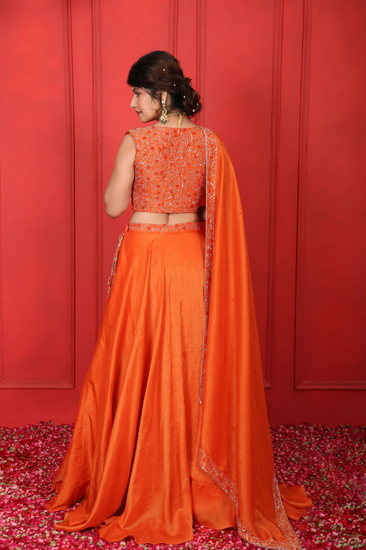 Shocking Orange Hand Embroidered V-Neck Lehenga Set