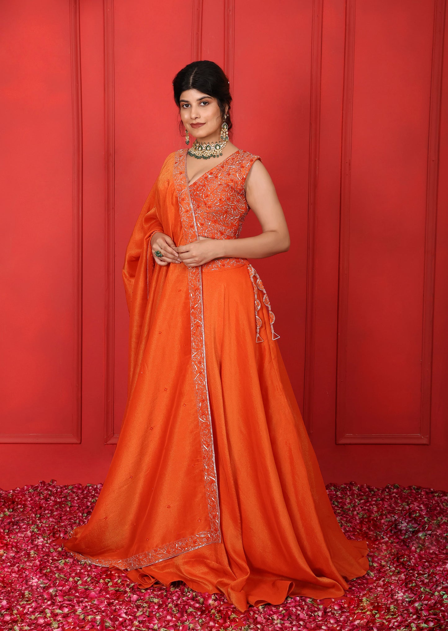 Shocking Orange Hand Embroidered V-Neck Lehenga Set