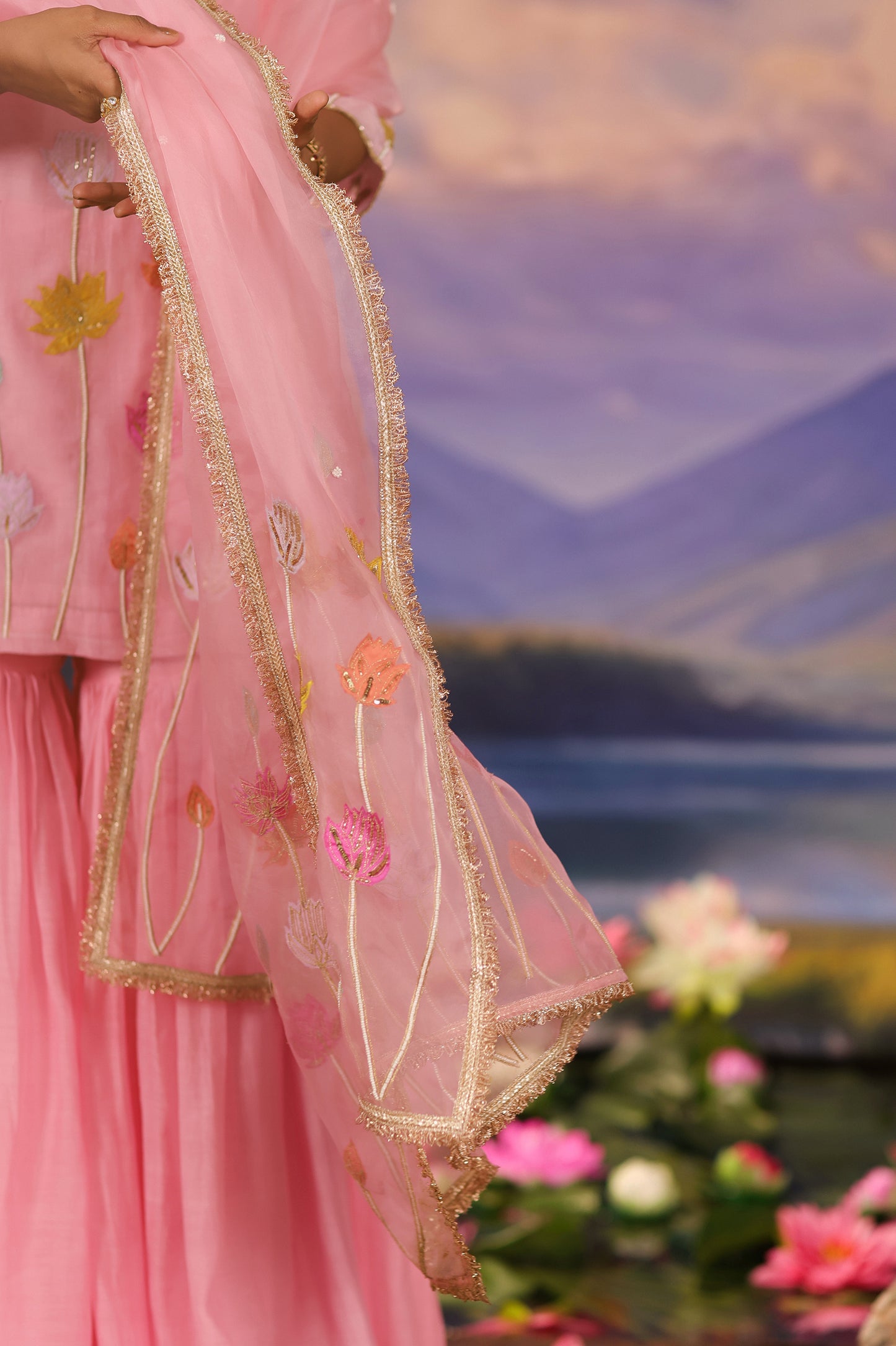 Pink Applique Pearl & Zari Embroidery Mul Chanderi Gharara