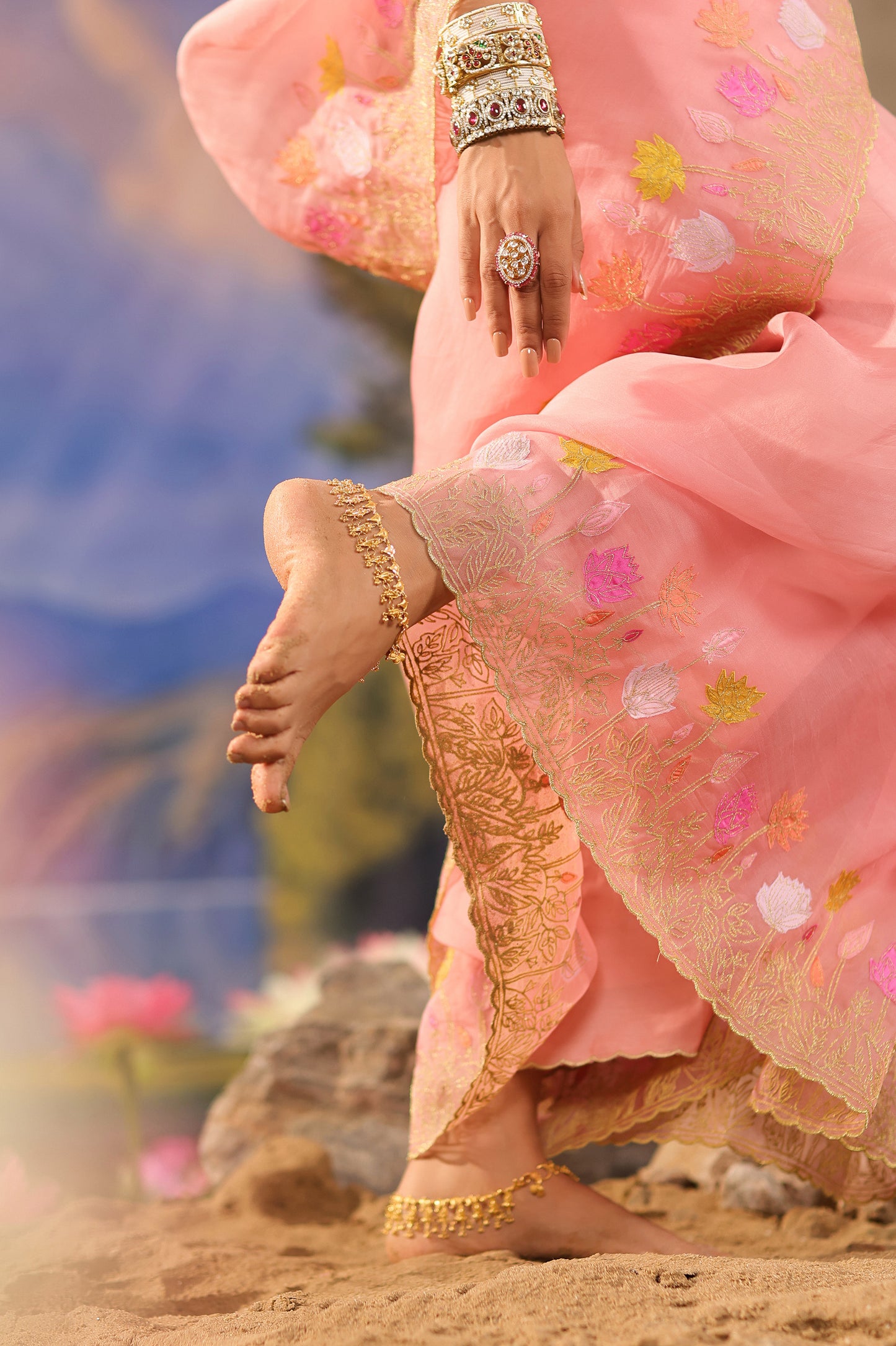 Peach Applique Work Organza Designer Saree