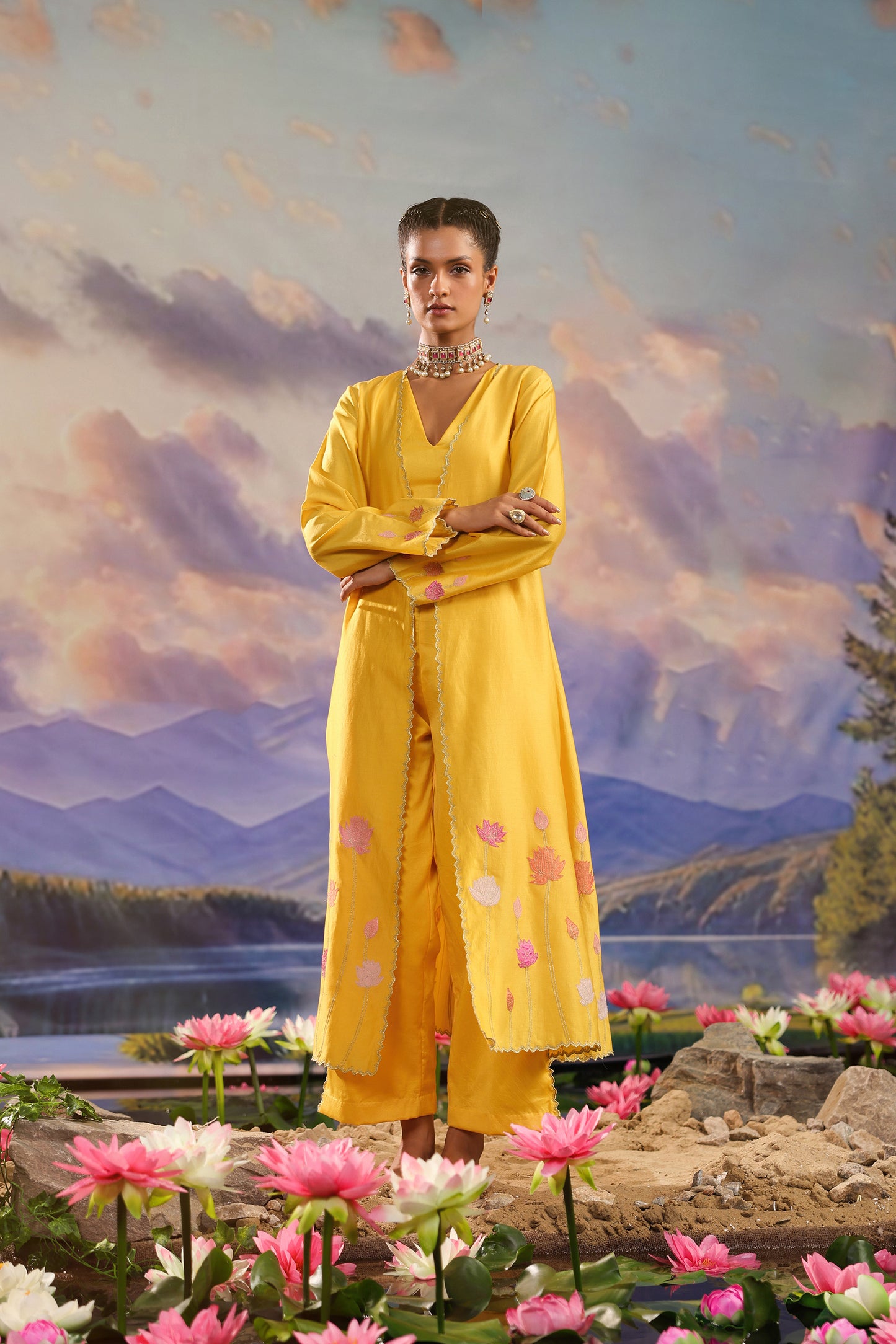 Yellow Silk Appliqué Work Silk Chanderi  Festive Co ord Set