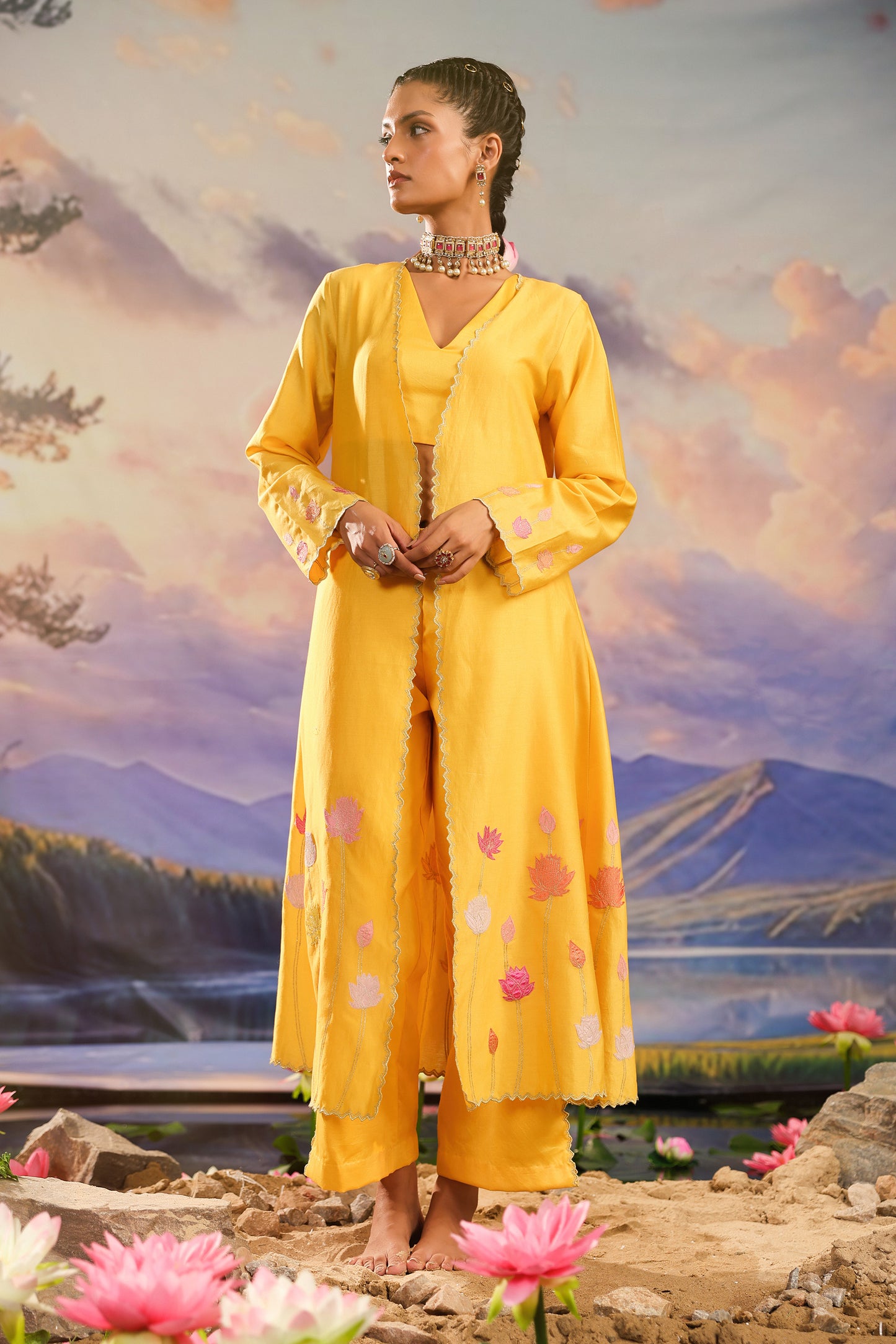 Yellow Silk Appliqué Work Silk Chanderi  Festive Co ord Set