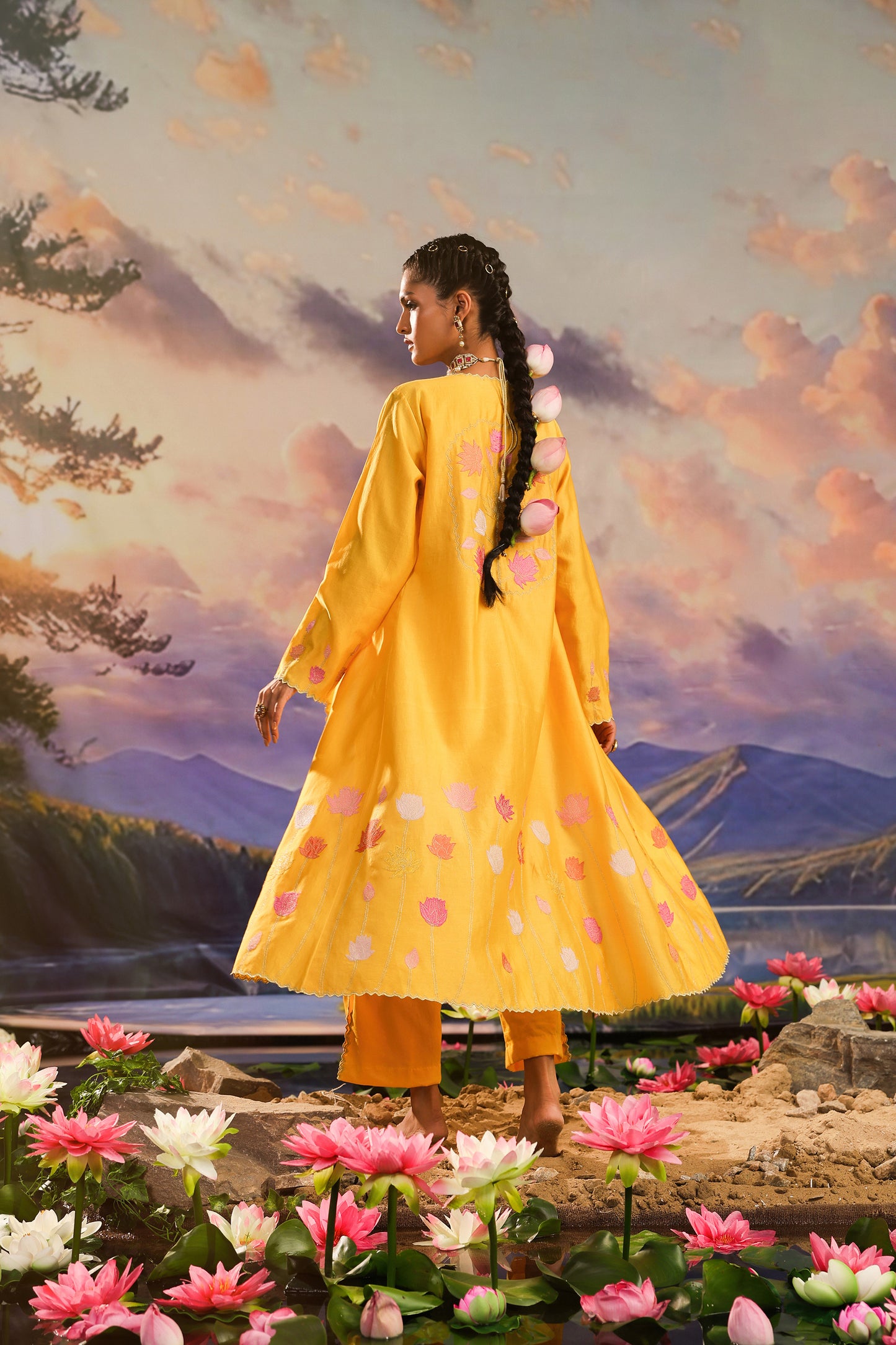 Yellow Silk Appliqué Work Silk Chanderi  Festive Co ord Set