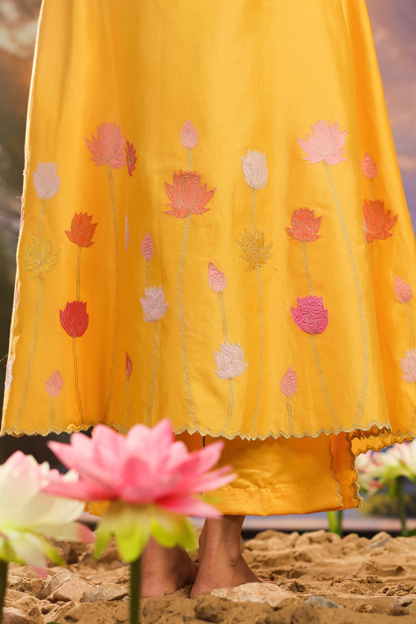 Yellow Silk Appliqué Work Silk Chanderi  Festive Co ord Set