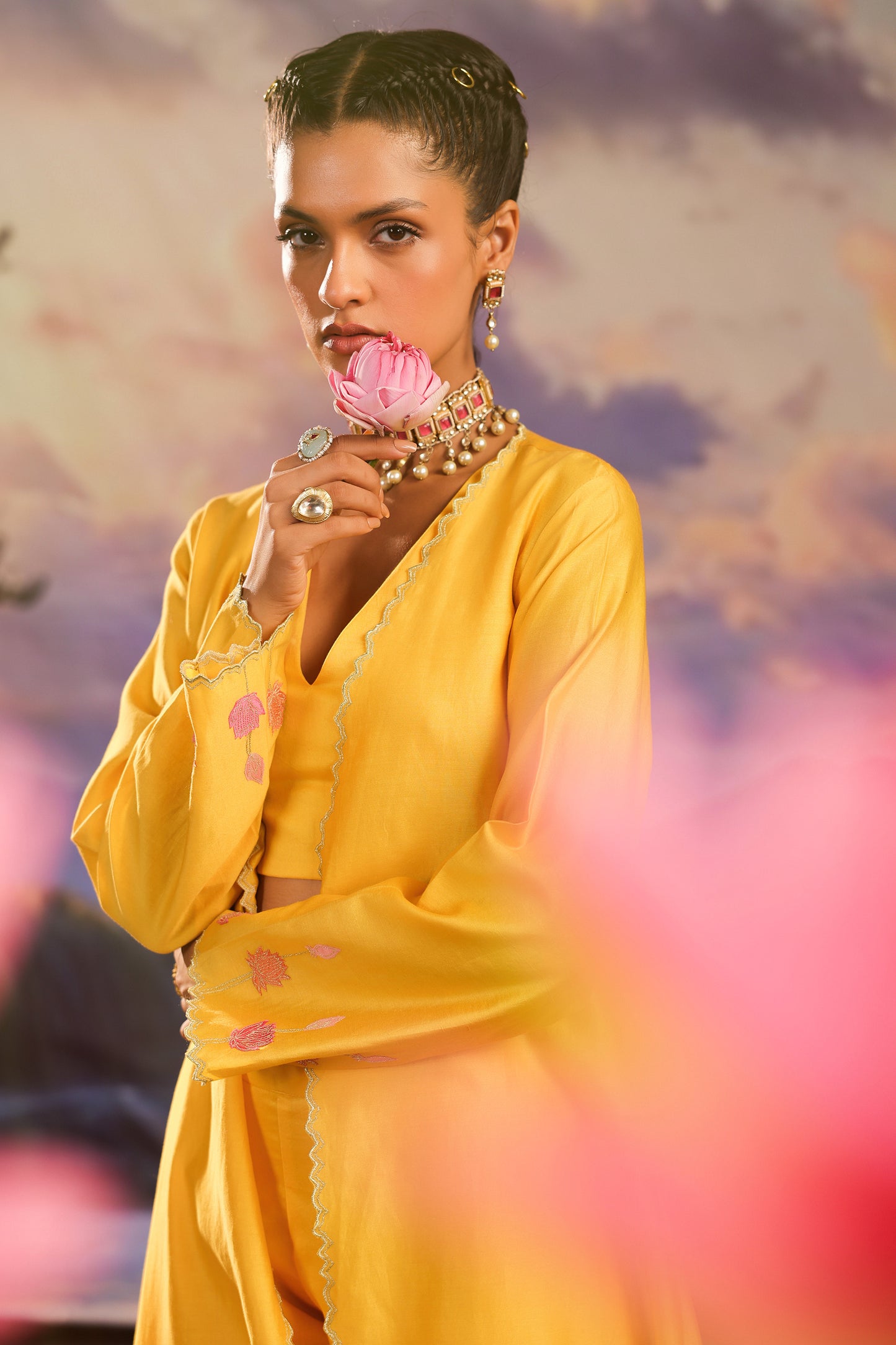 Yellow Silk Appliqué Work Silk Chanderi  Festive Co ord Set