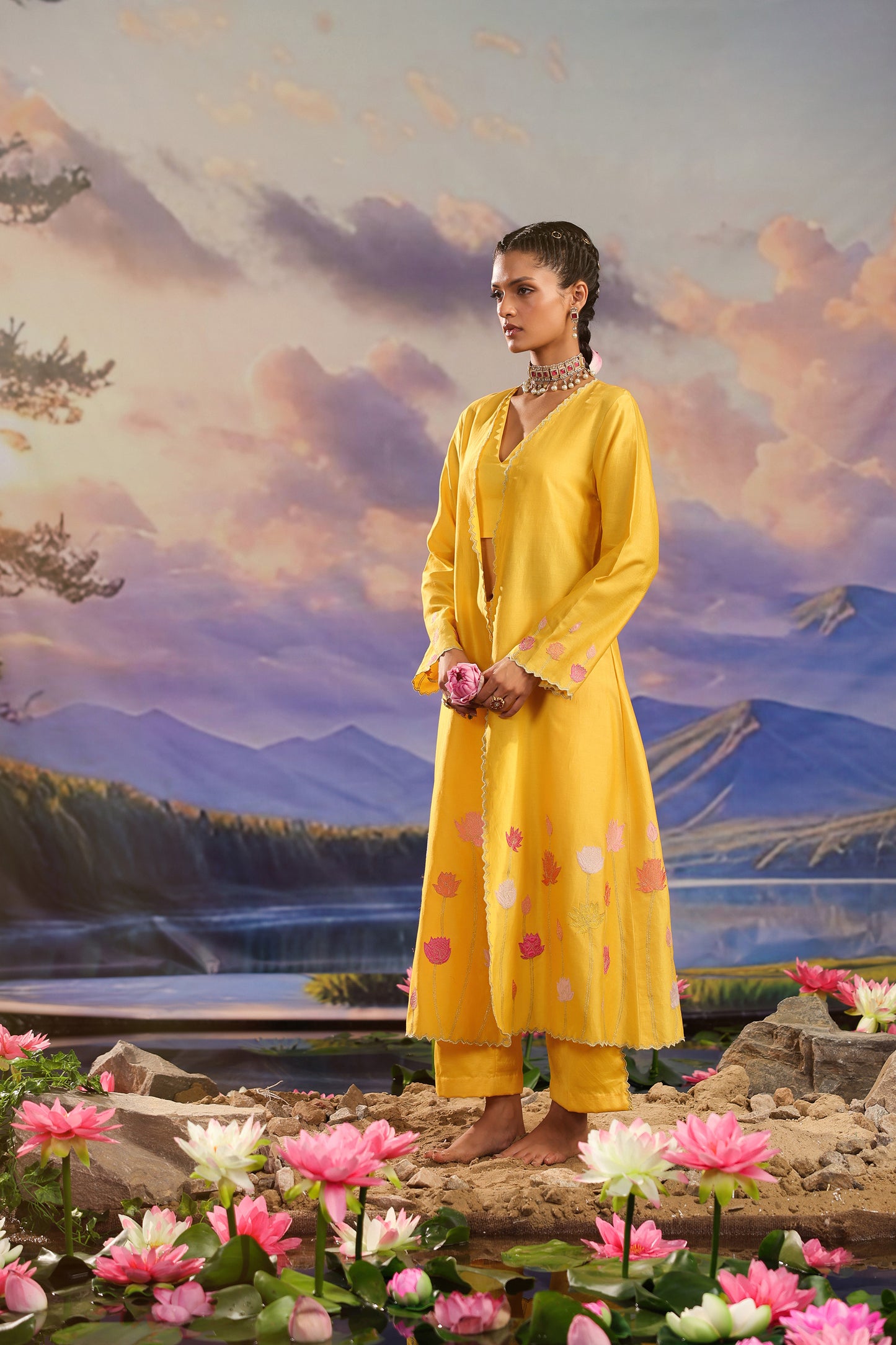 Yellow Silk Appliqué Work Silk Chanderi  Festive Co ord Set
