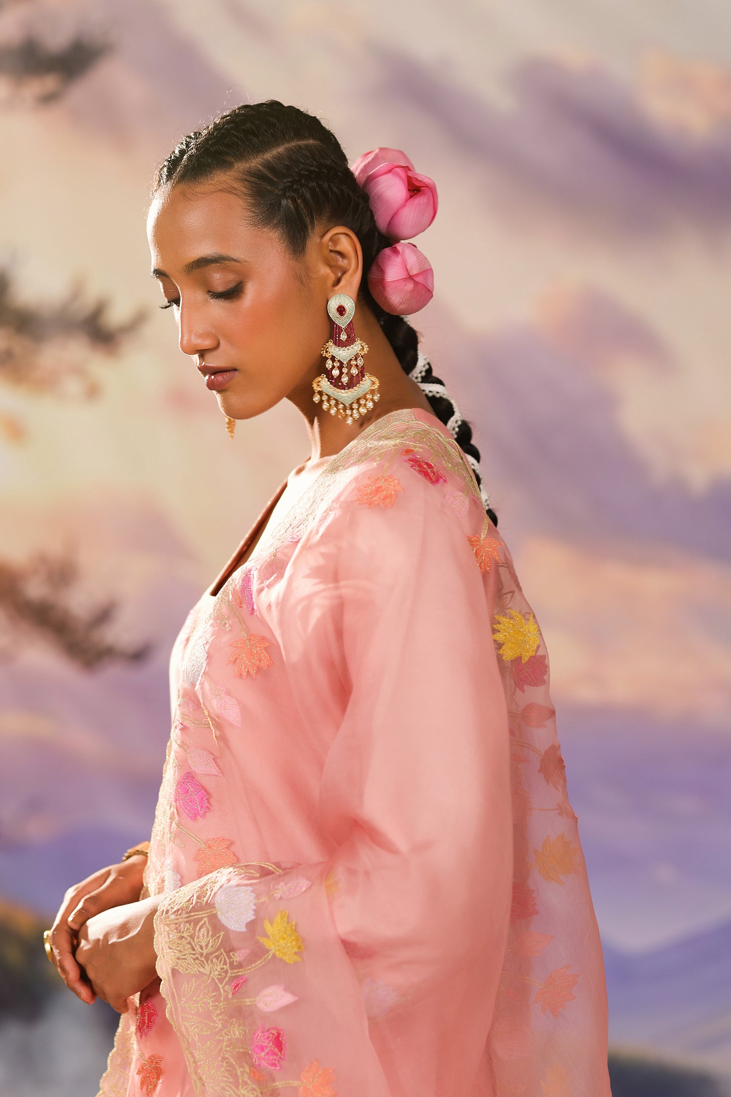 Peach Applique Work Silk Chanderi Festive Suit Set