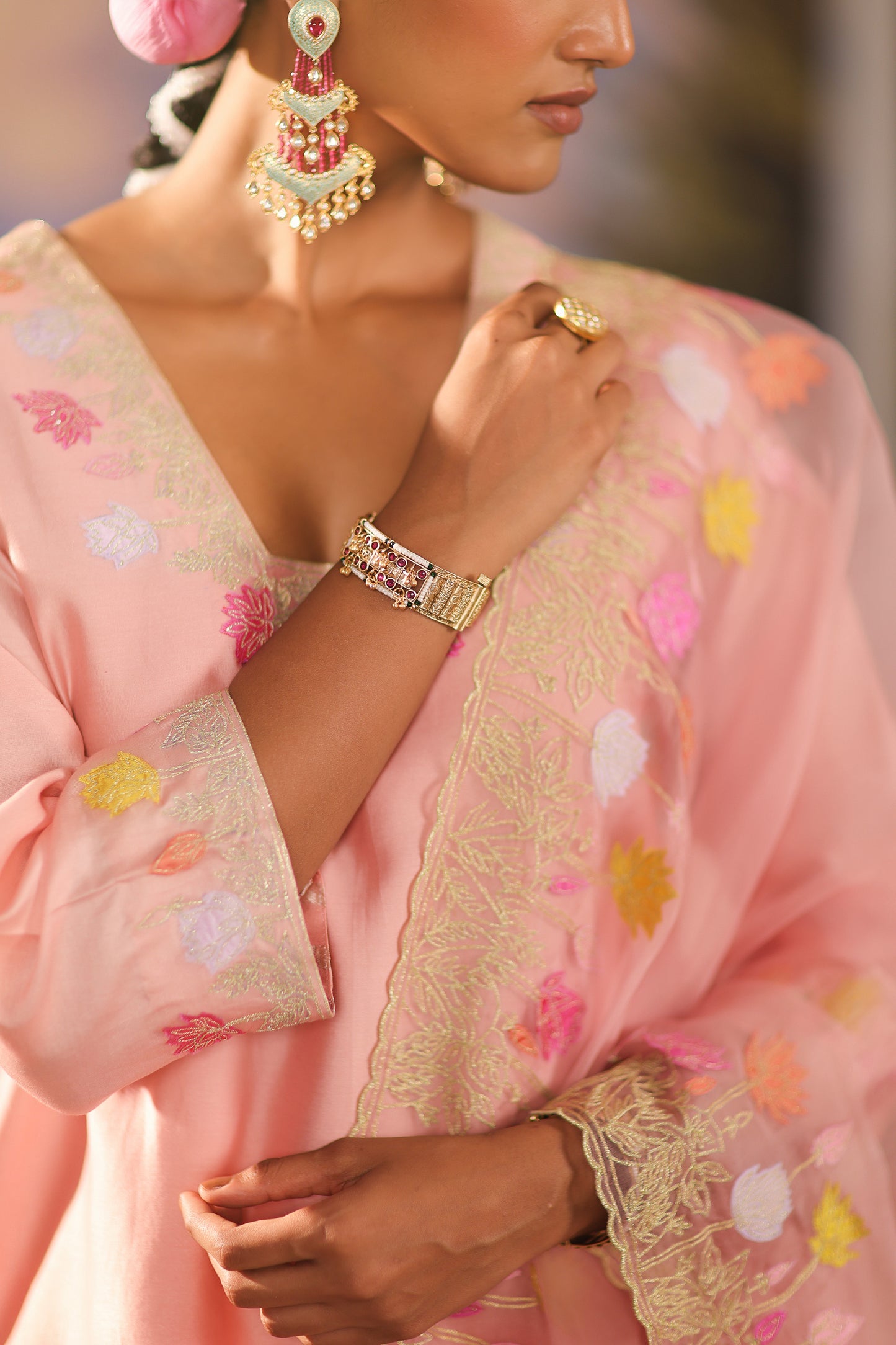 Peach Applique Work Silk Chanderi Festive Suit Set