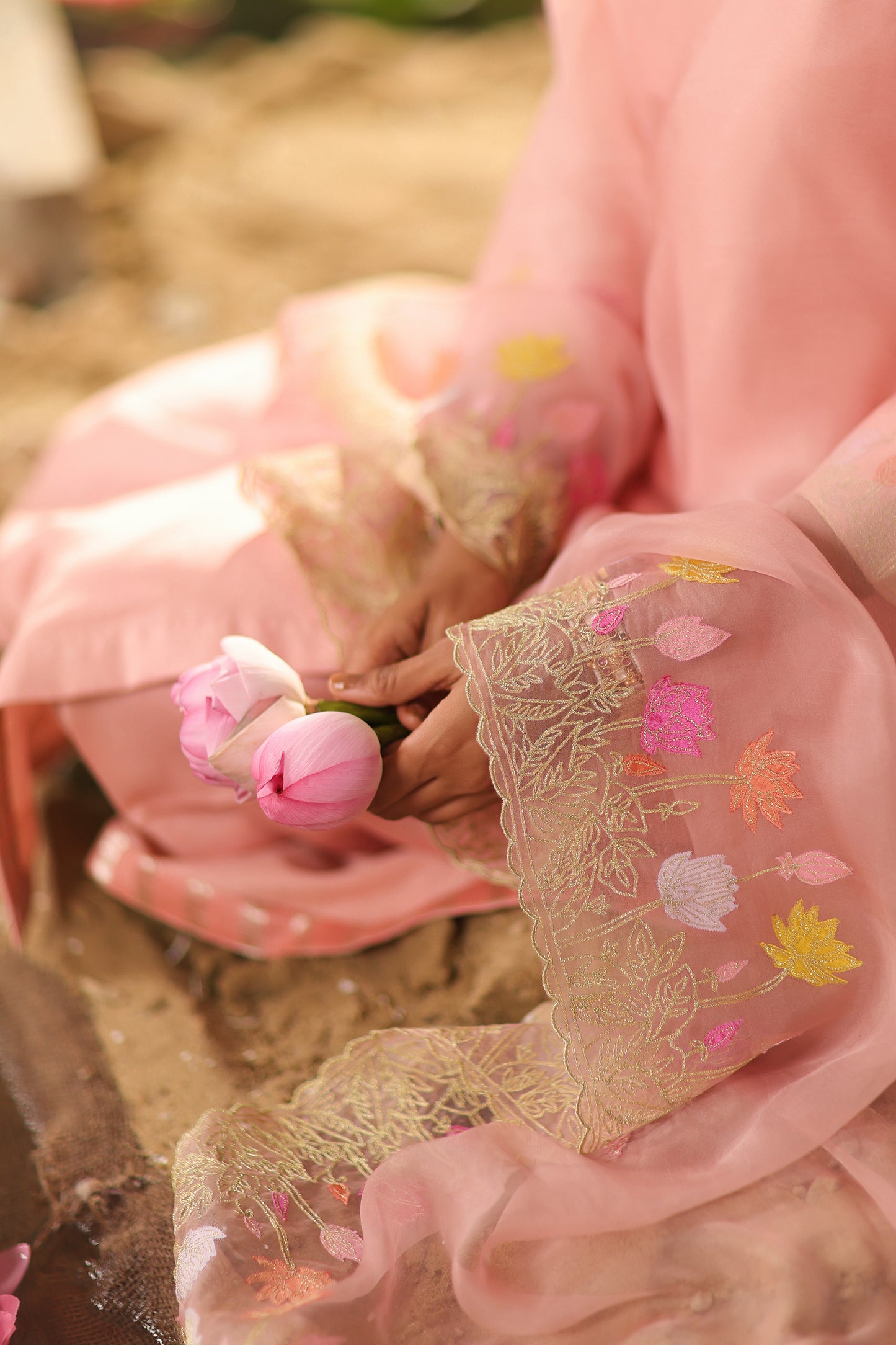 Peach Applique Work Silk Chanderi Festive Suit Set