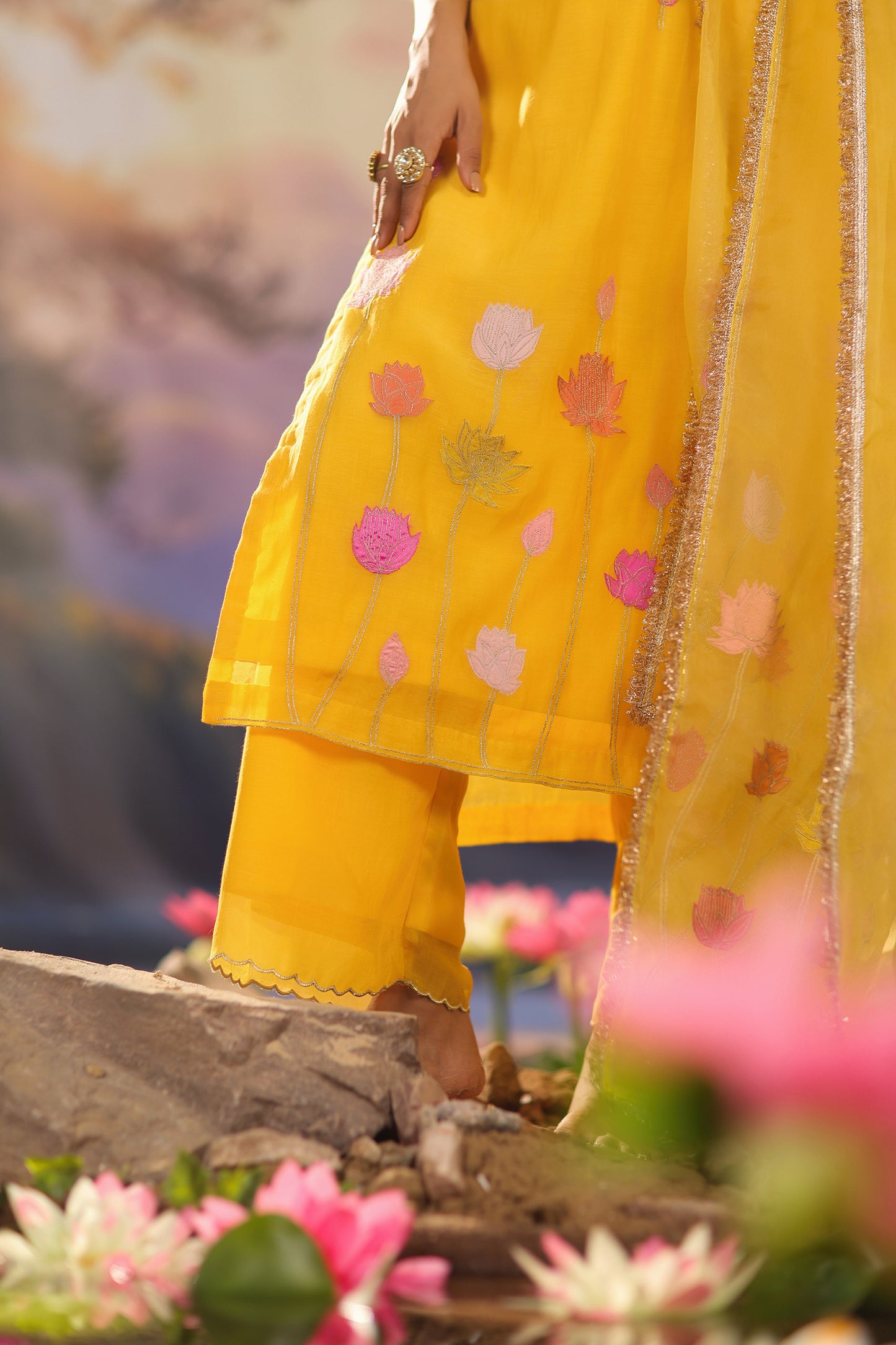 Yellow Applique WOrk Chanderi Designer Suit Set