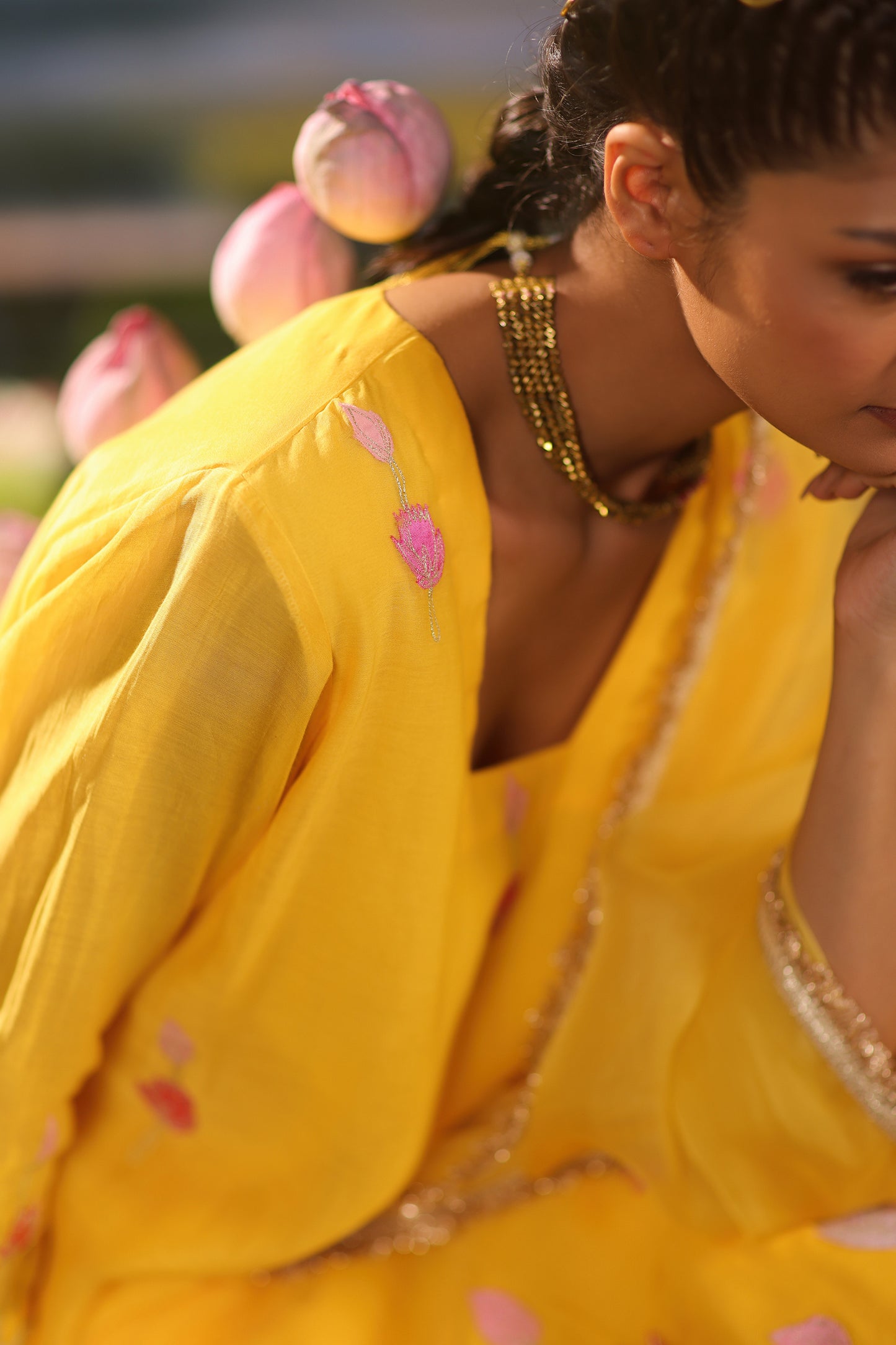 Yellow Applique WOrk Chanderi Designer Suit Set