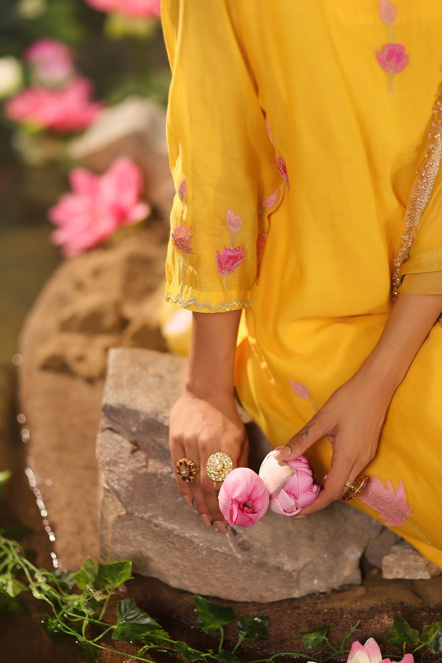 Yellow Applique WOrk Chanderi Designer Suit Set