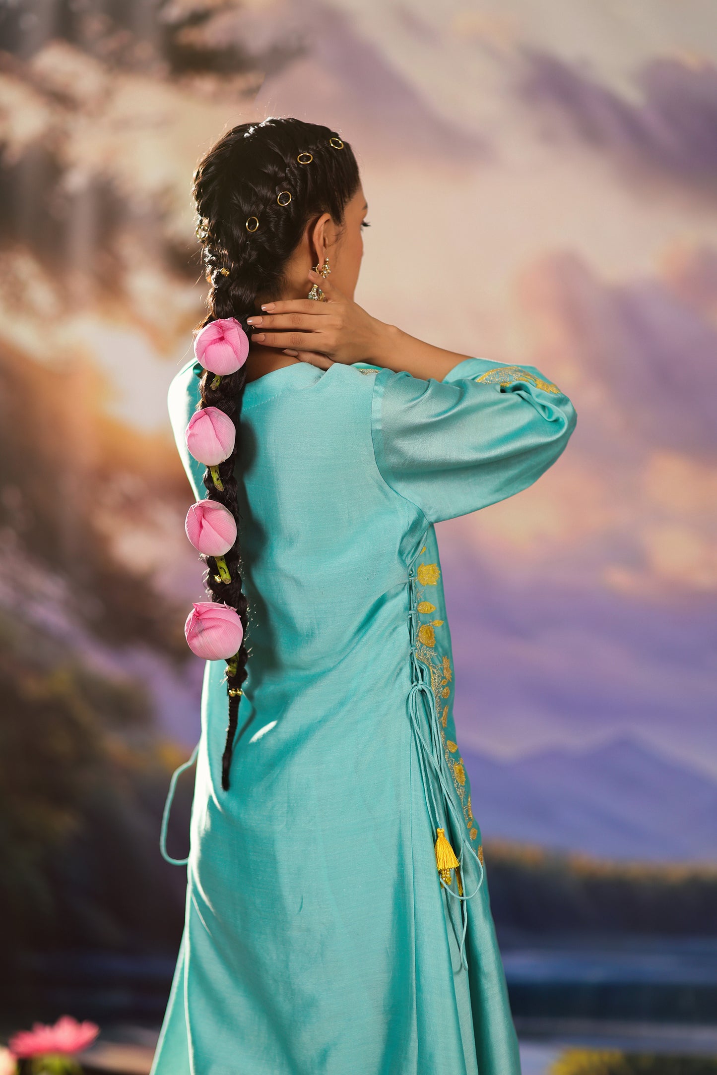 Turquoise Blue Silk Chanderi Applique Embroidery Festive Co ord Set