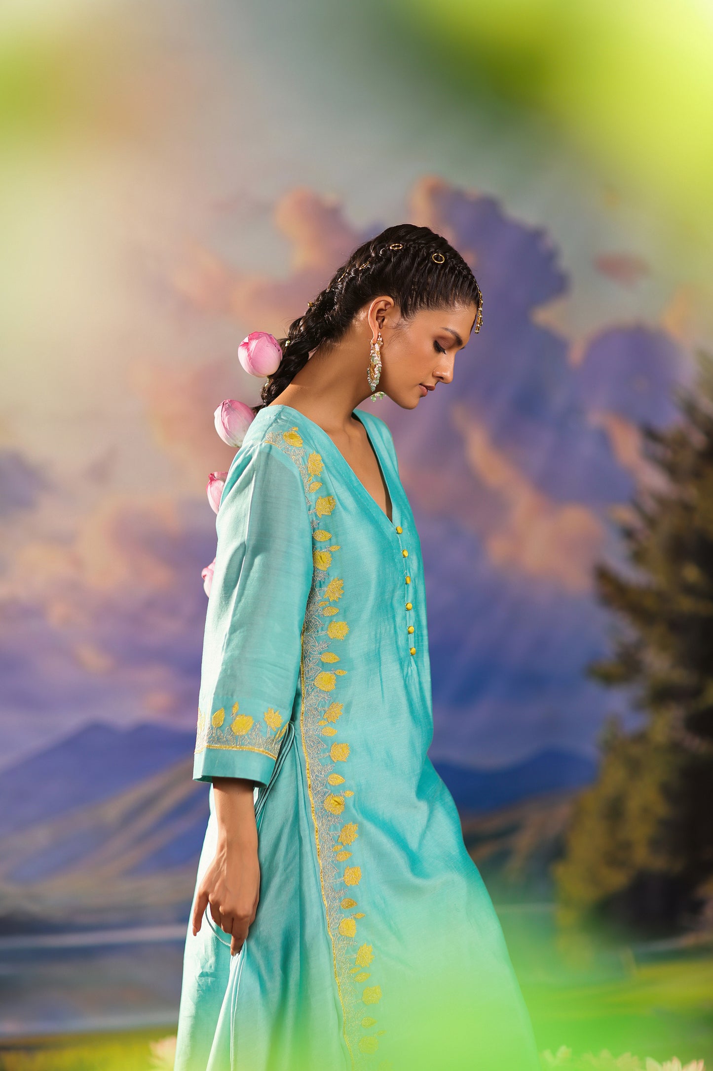 Turquoise Blue Silk Chanderi Applique Embroidery Festive Co ord Set