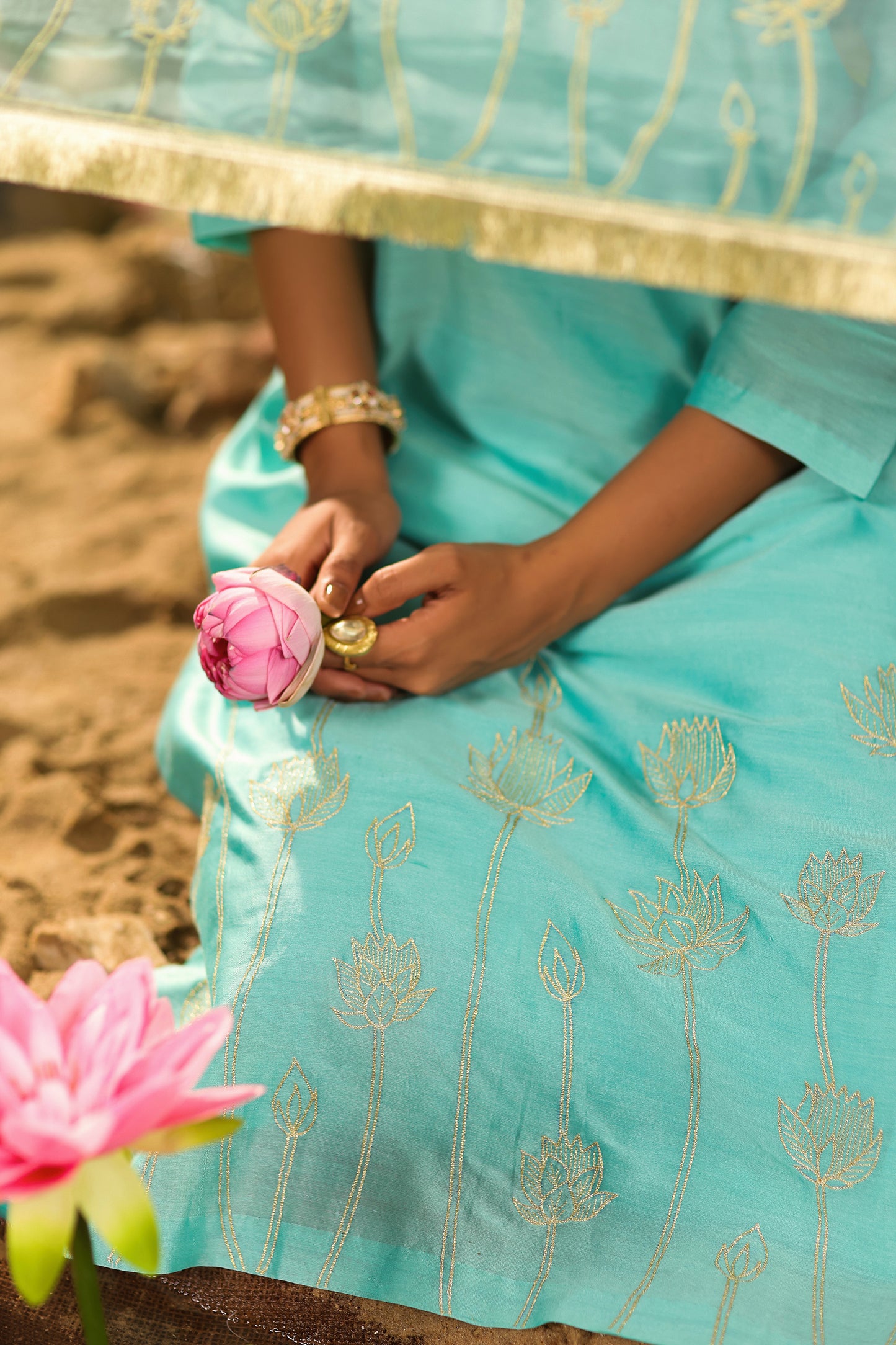 Turquoise Blue Lotus Embrodiery Silk Chanderi Suit Set
