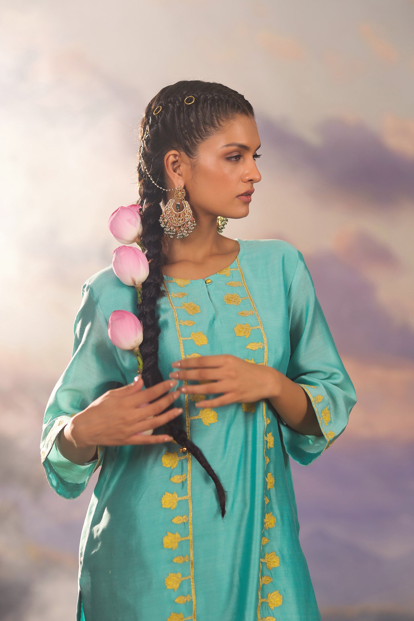 Turquoise Blue Applique Work Silk Chanderi  with Palazzo Co ord Set