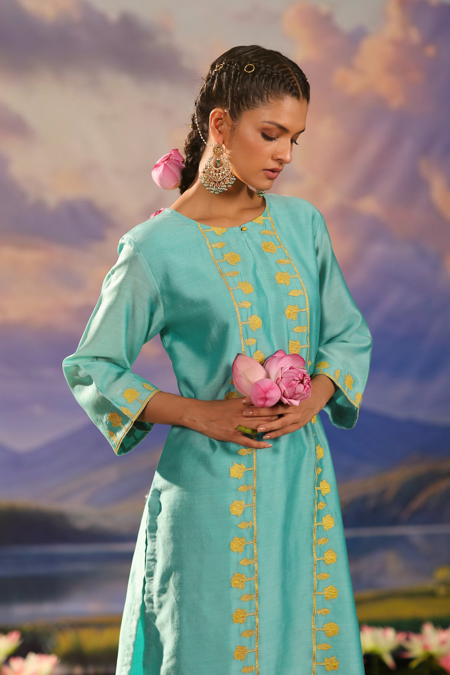 Turquoise Blue Applique Work Silk Chanderi  with Palazzo Co ord Set