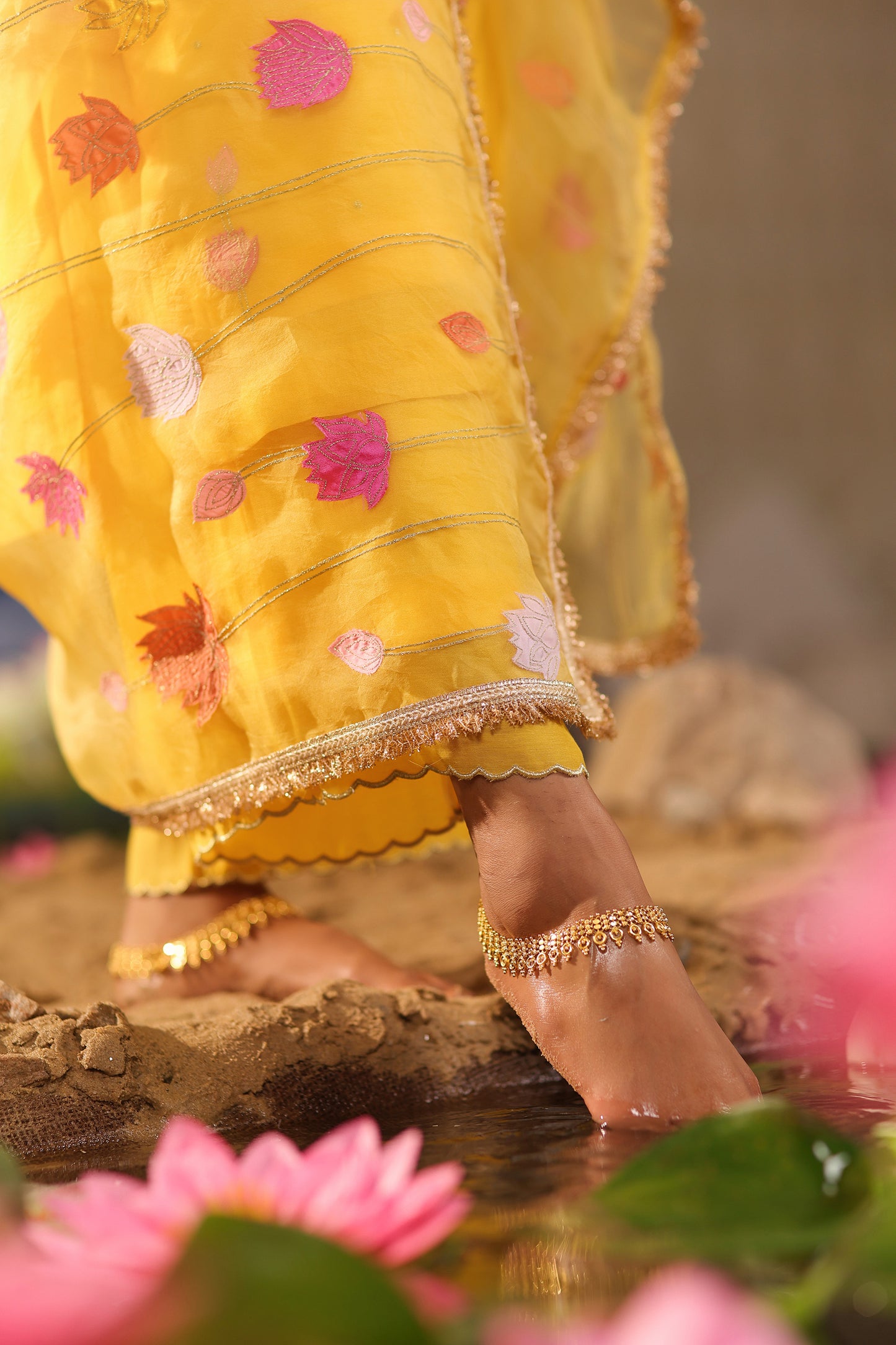 Yellow Applique Work Mul Chanderi with Palazzo Suit Set