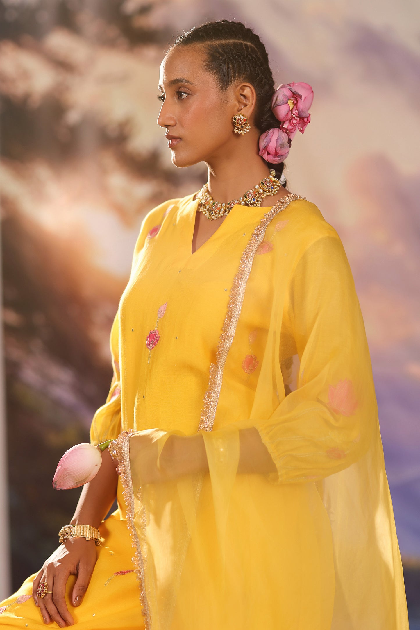 Yellow Applique Work Mul Chanderi with Palazzo Suit Set