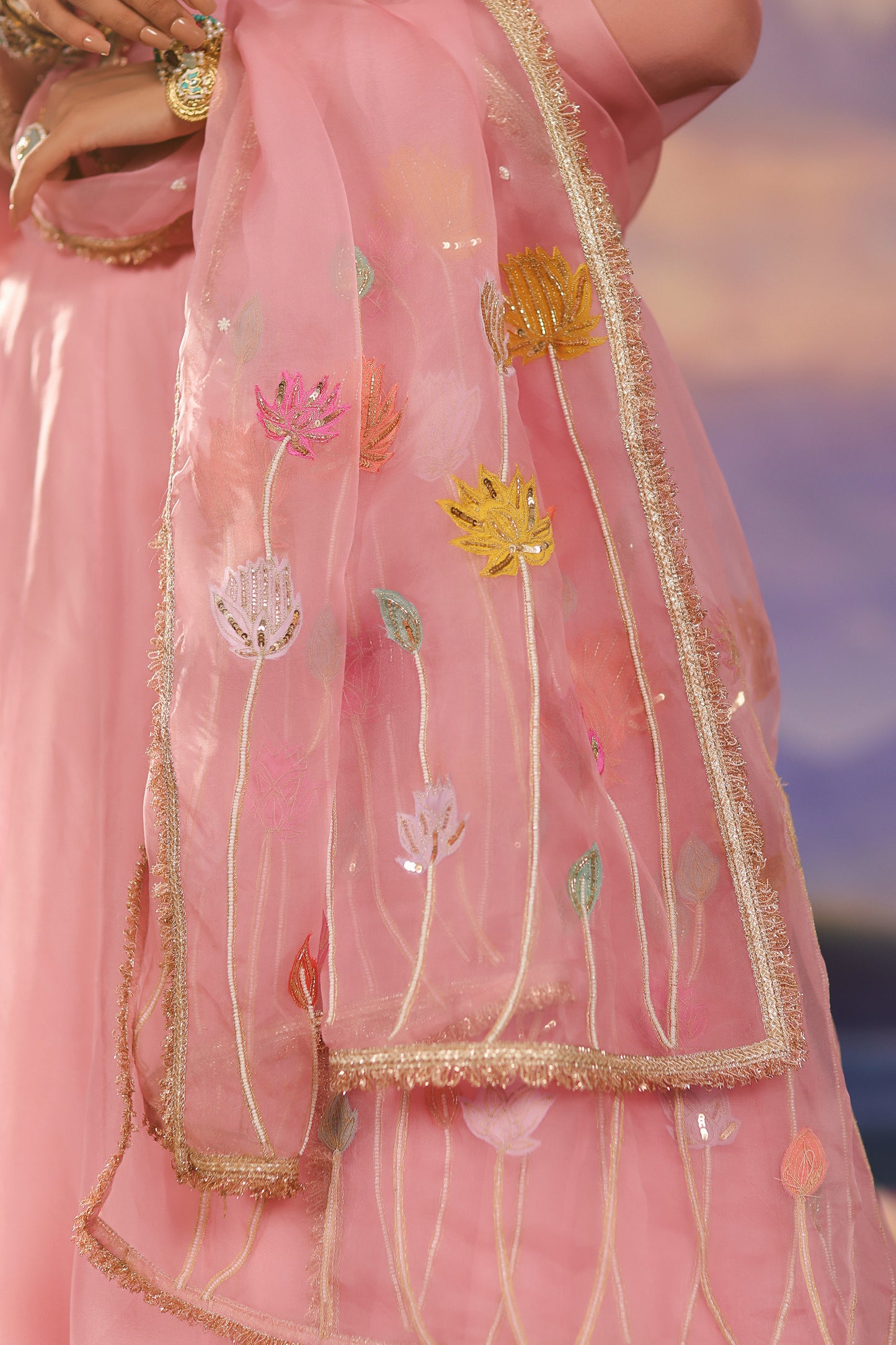 Pink Applique Pearl & Zari Embroidery Organza Lehenga