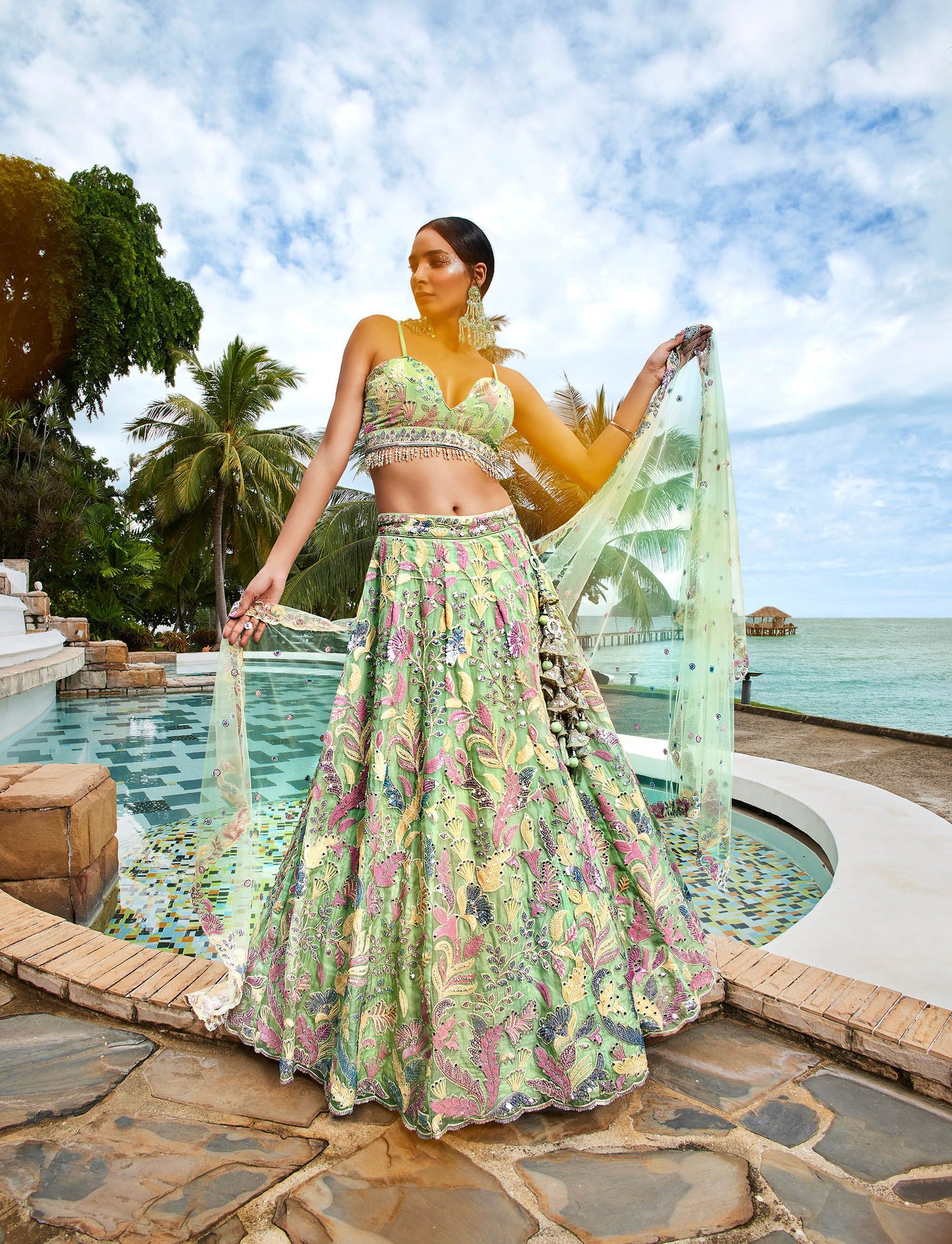 Lime Green Organza Sequins and Mirror embroidery Lehenga