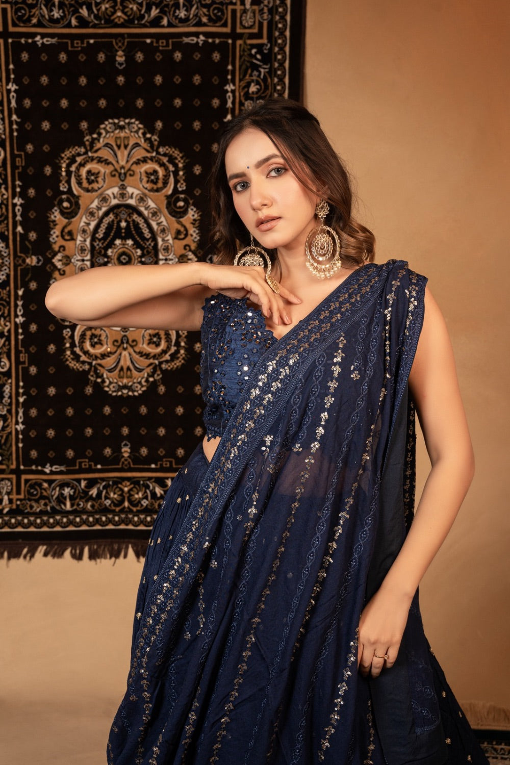 Royal blue georgette lehenga with foil work