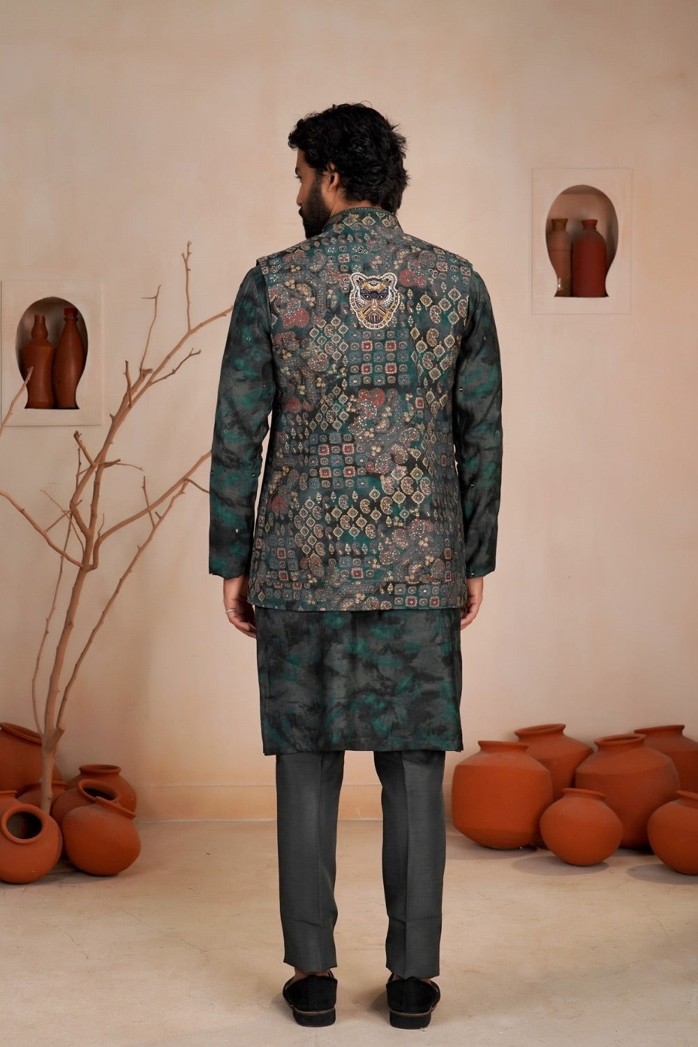 Bottle green silk koti kurta set