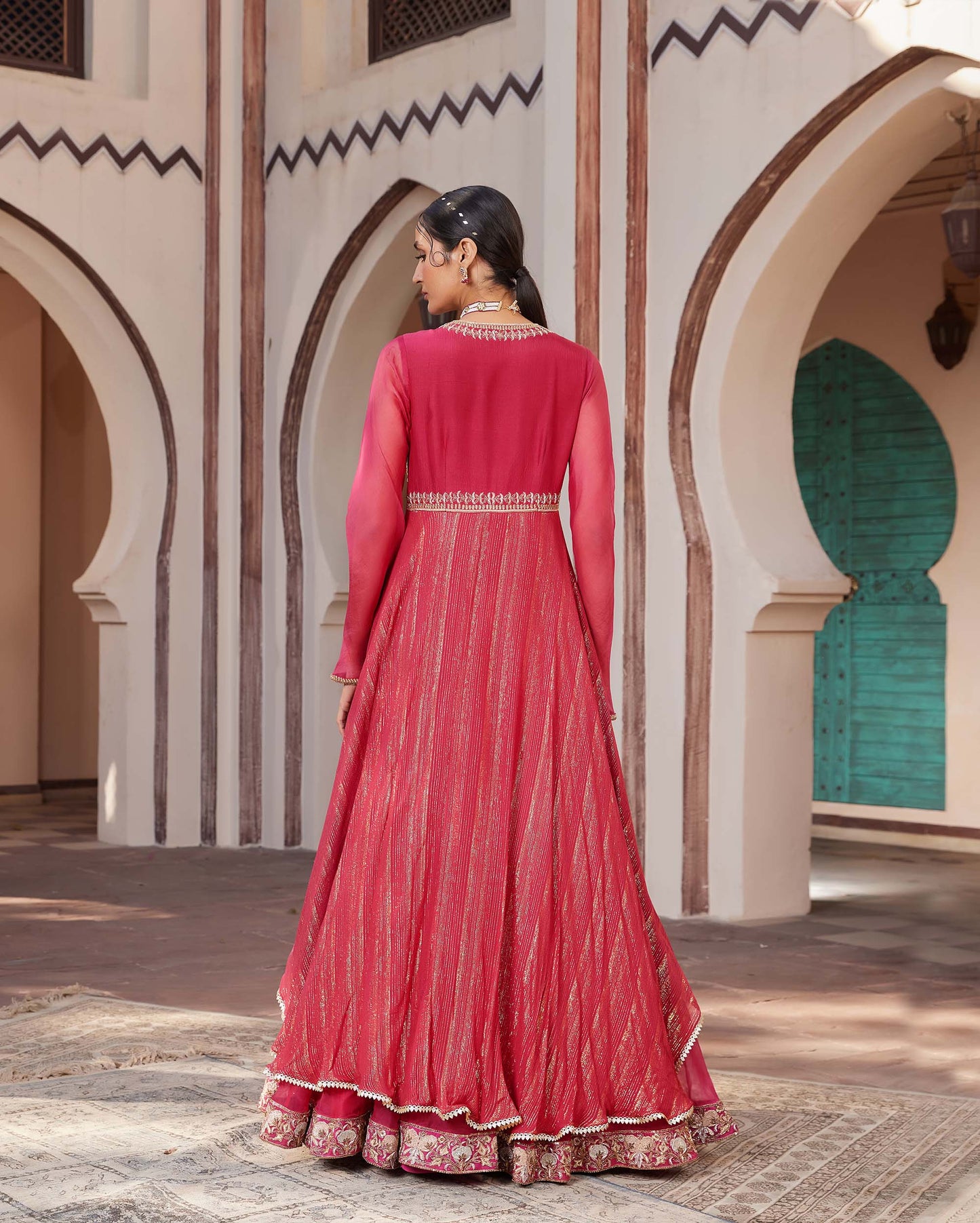 Mughal Red Raw silk Hand Embroidered Gown for Sangeet
