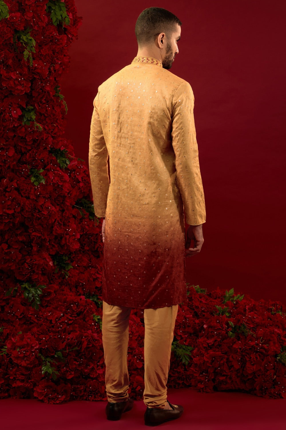 Orange-red ombre kurta set with hand and machine work