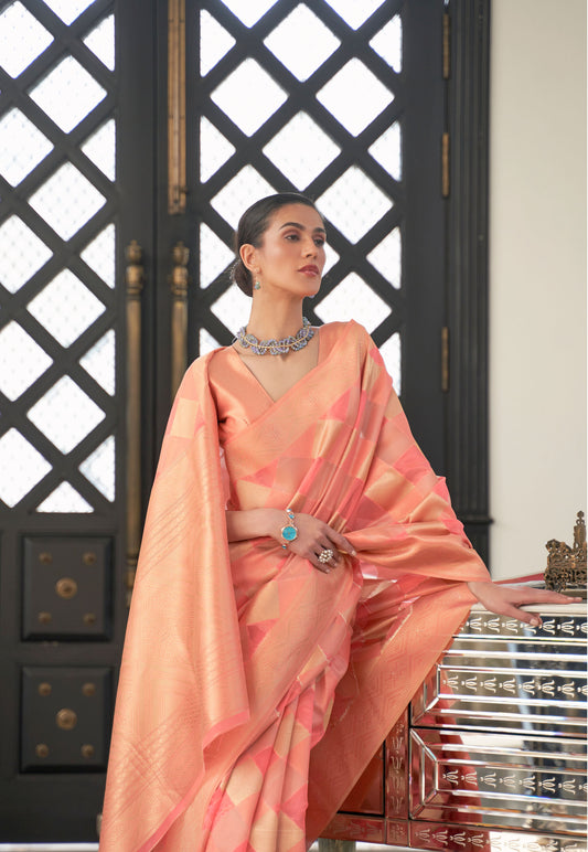 Peach Kelena Organza Lehriya Handloom Saree