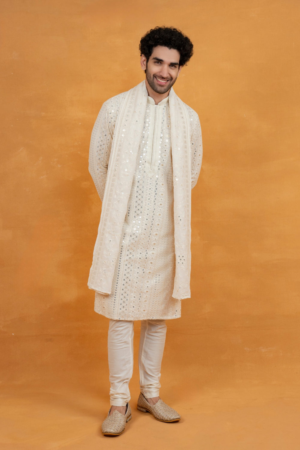 White silk lucknowi silk kurta set with mirror and sequins work