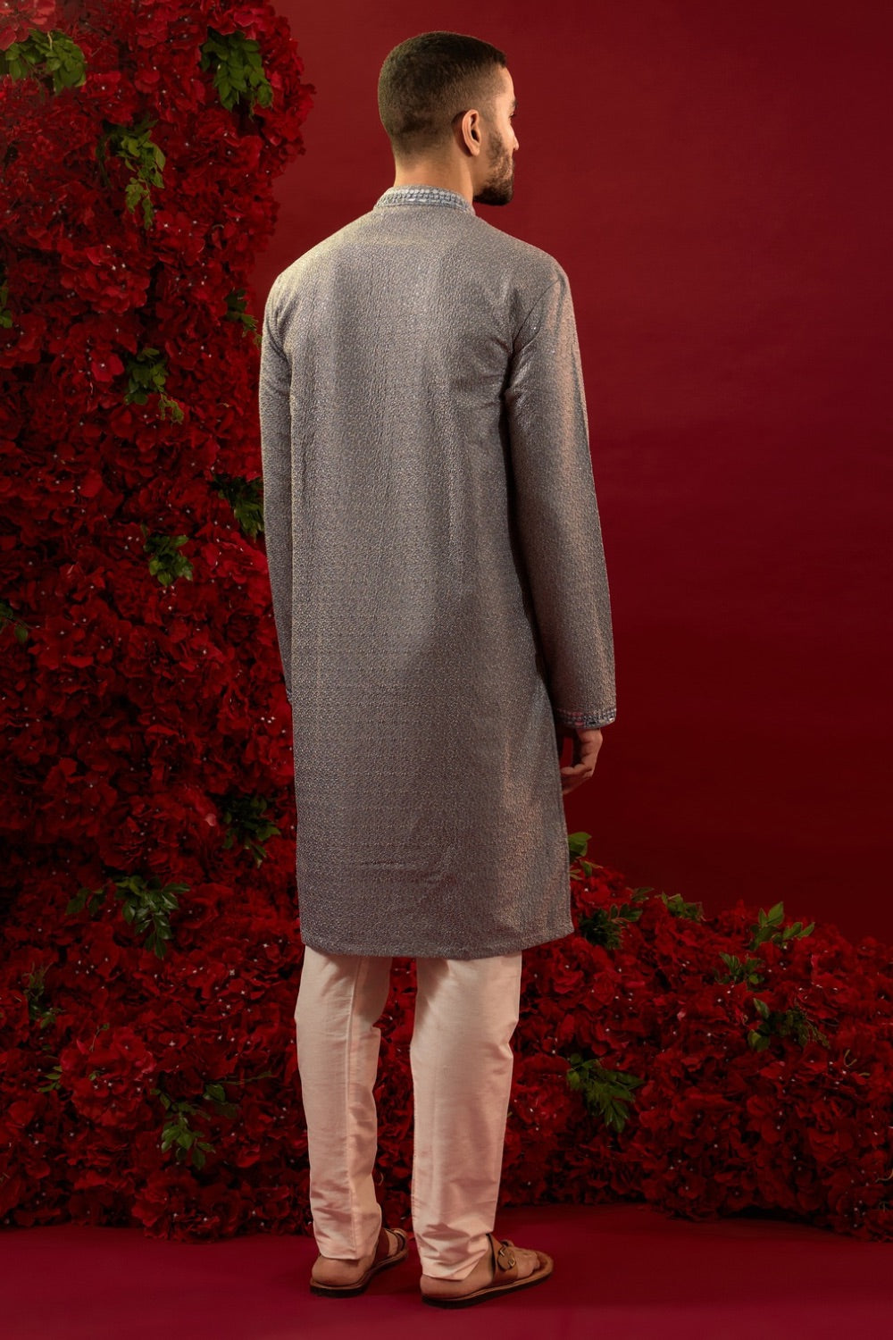 Grey silk kurta & pajama with hand and machine work