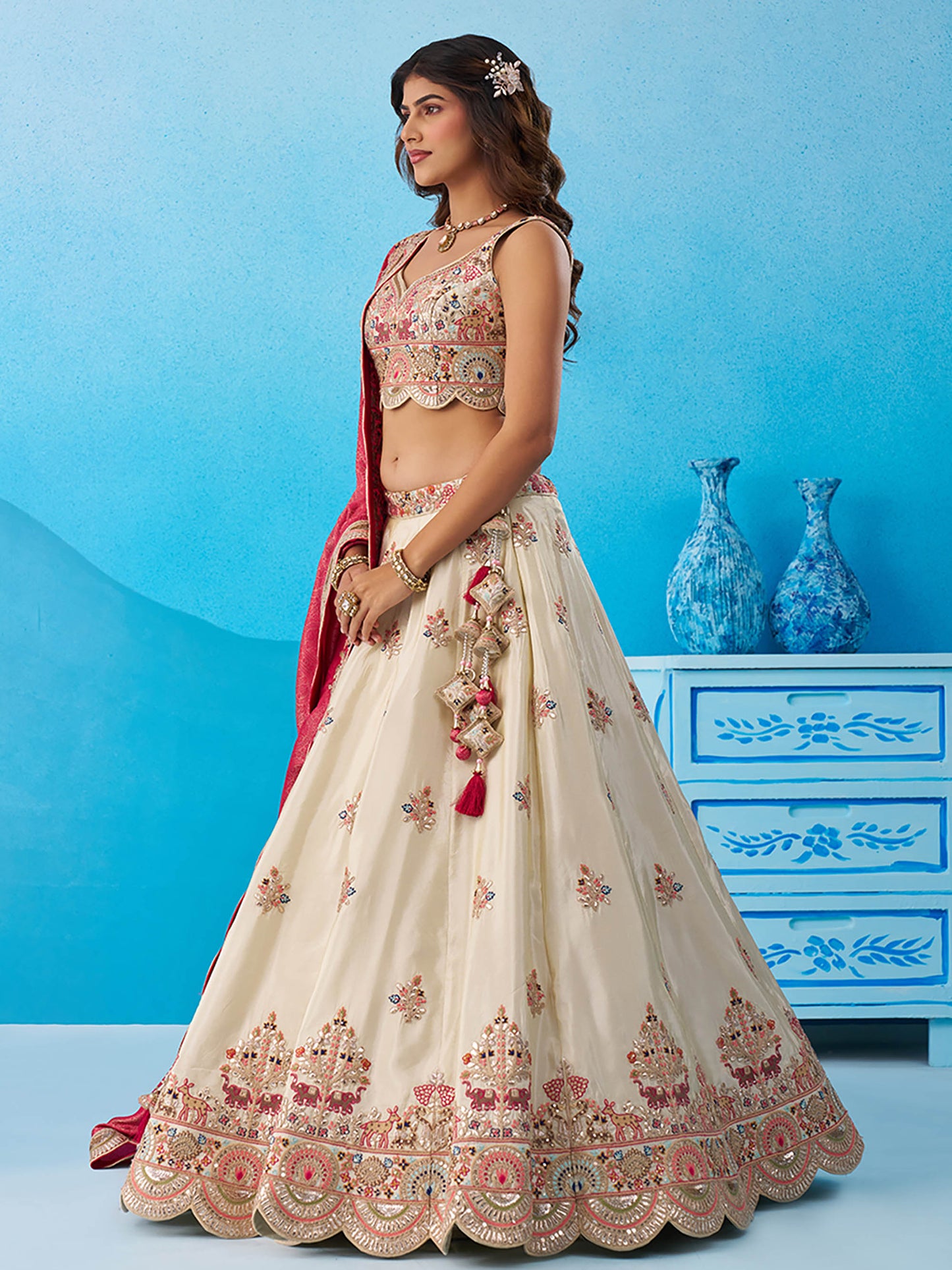 Cream Tissue Gota & Sequins Embroidered Lehenga with Rani Pink Dupatta for Bridesmaid